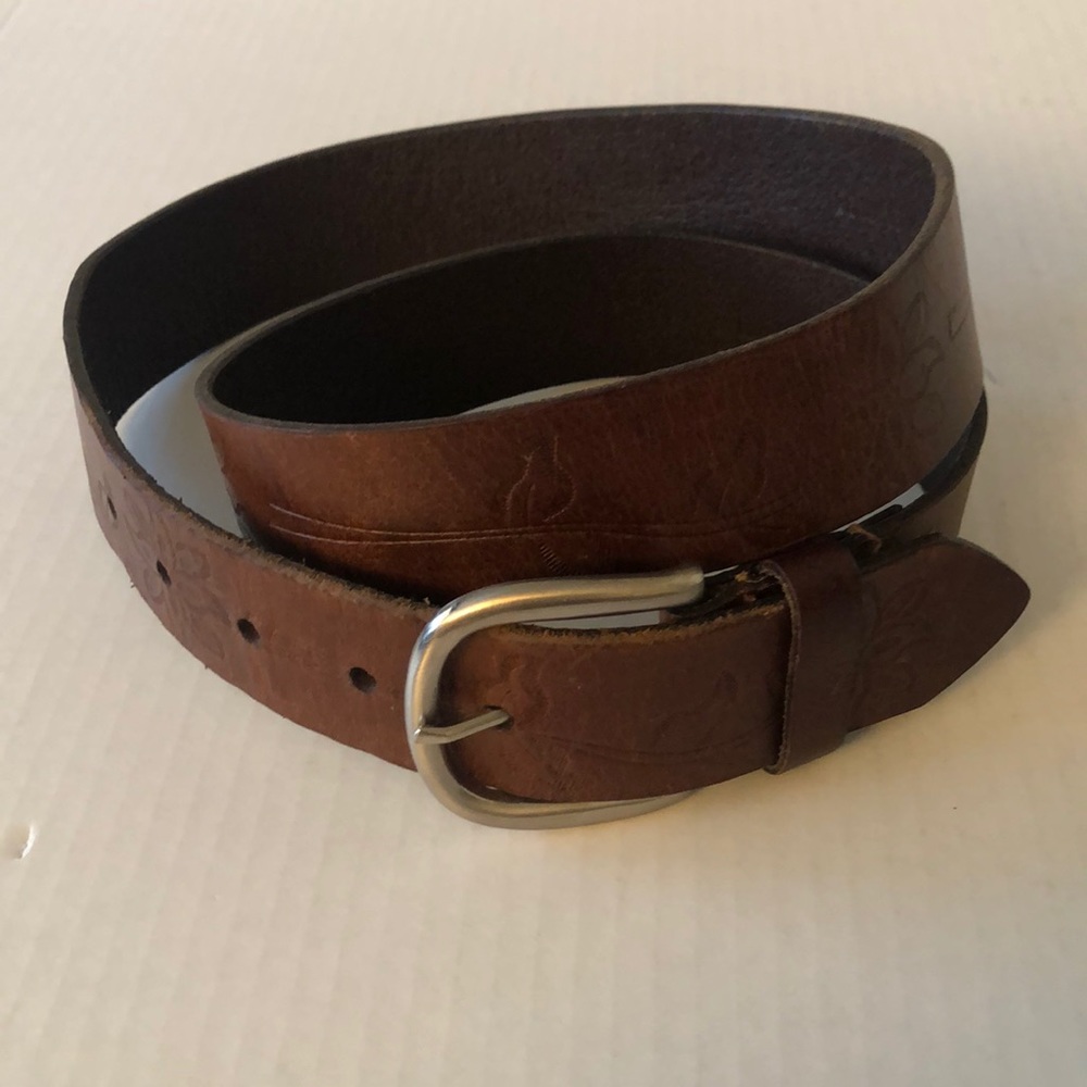 Leather Belt Women Brown Flower detail sz L Cowgirl Casual Summer Boho